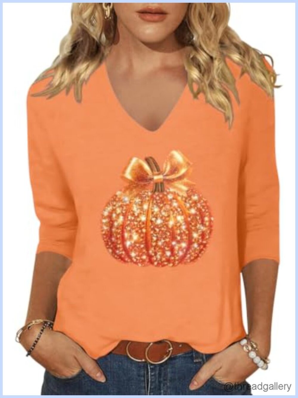 Womens Fall Halloween V Neck 3/4 Sleeve Pumpkin Graphic Tee
